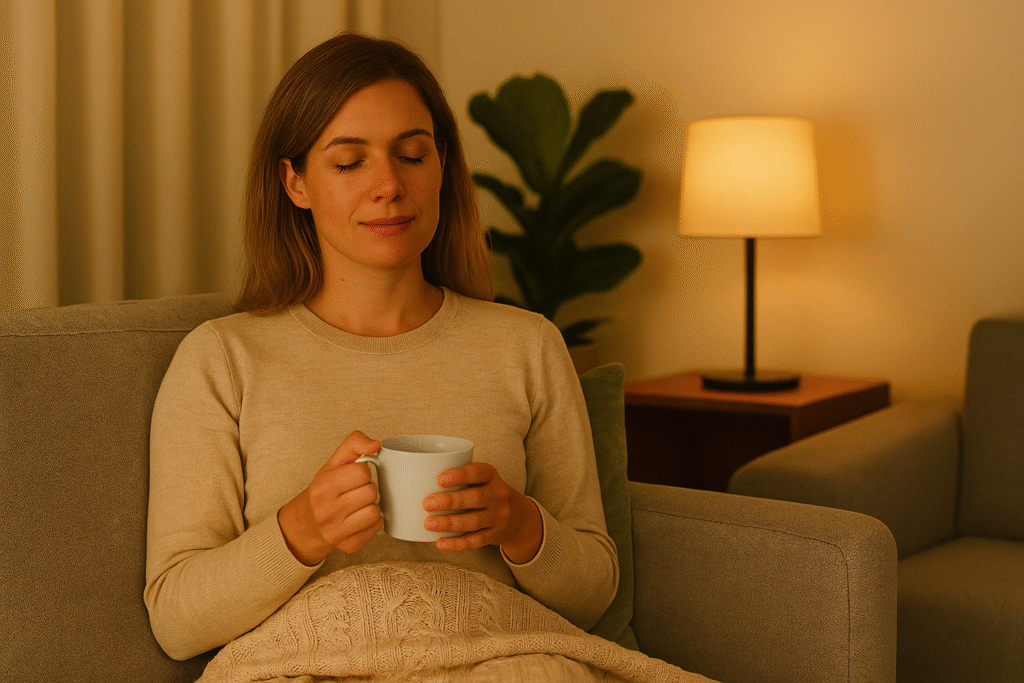 Middle-aged woman relaxing in a cozy chair with a mug in hand during a calm evening at home, warm ambient lighting in the background.
