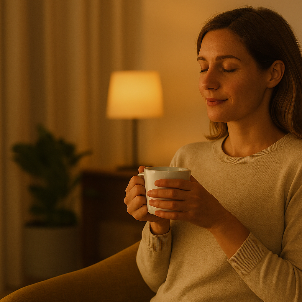 Middle-aged woman relaxing in a cozy chair with a mug in hand during a calm evening at home, warm ambient lighting in the background