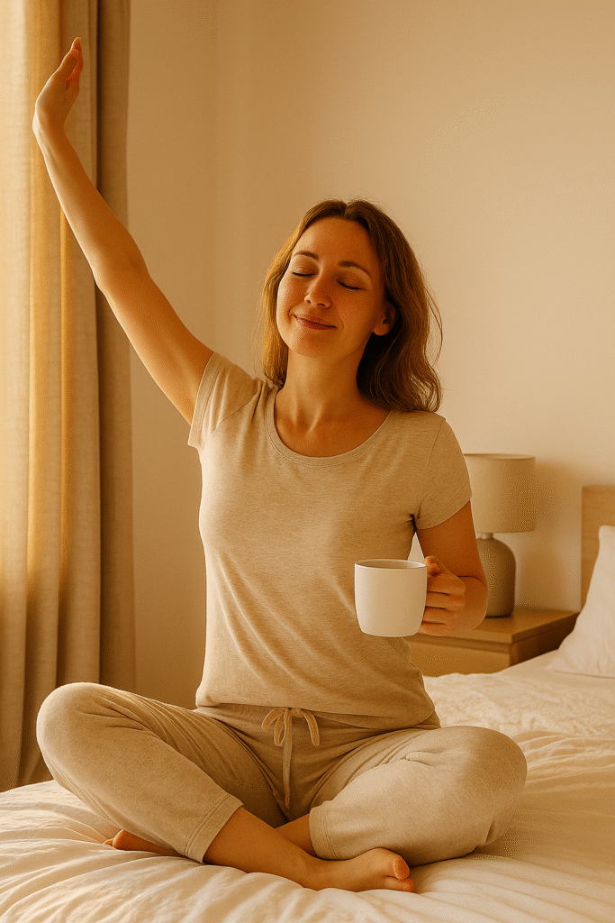 a woman enjoying her peaceful morning wellness routine after 30