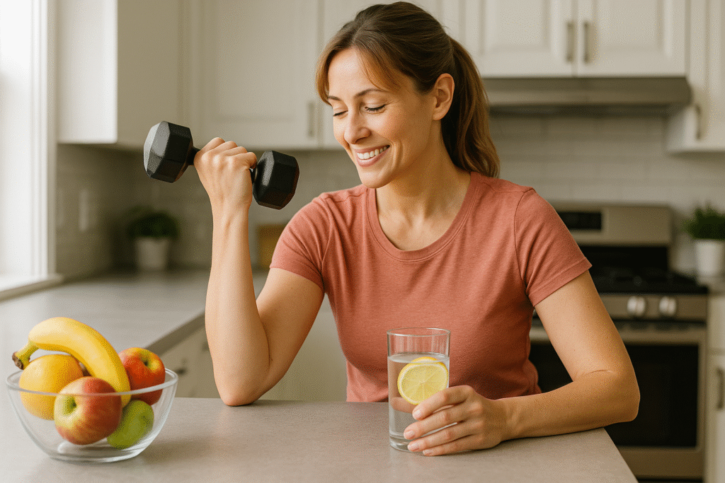 Woman in her 30s doing a light dumbbell workout in her kitchen while holding a glass of lemon water — a simple natural energy boost routine for busy midlife women.