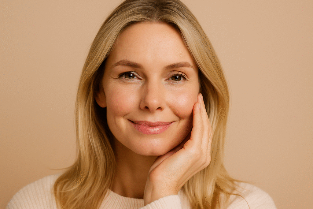 Confident woman in her late 30s with glowing skin and soft smile gently touching her face, representing healthy aging and anti-aging skincare for women over 35