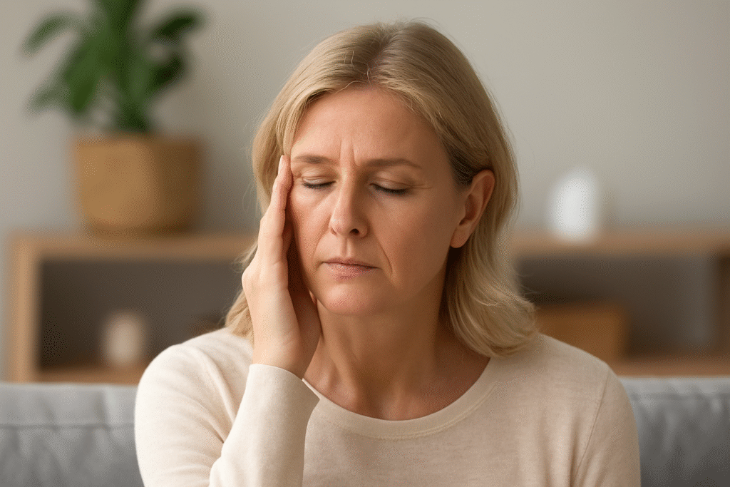 Middle-aged woman with hand on her face, eyes closed, reflecting on early menopause symptoms and natural ways to feel good