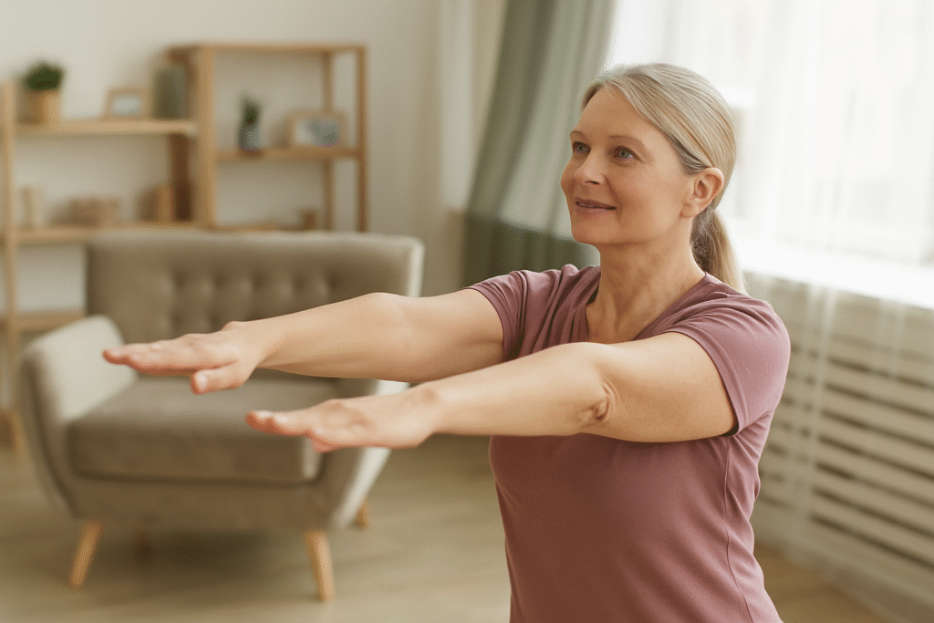 Easy low-impact workout at home for busy women over 30, showing a middle-aged woman doing gentle exercise in a cozy living room.