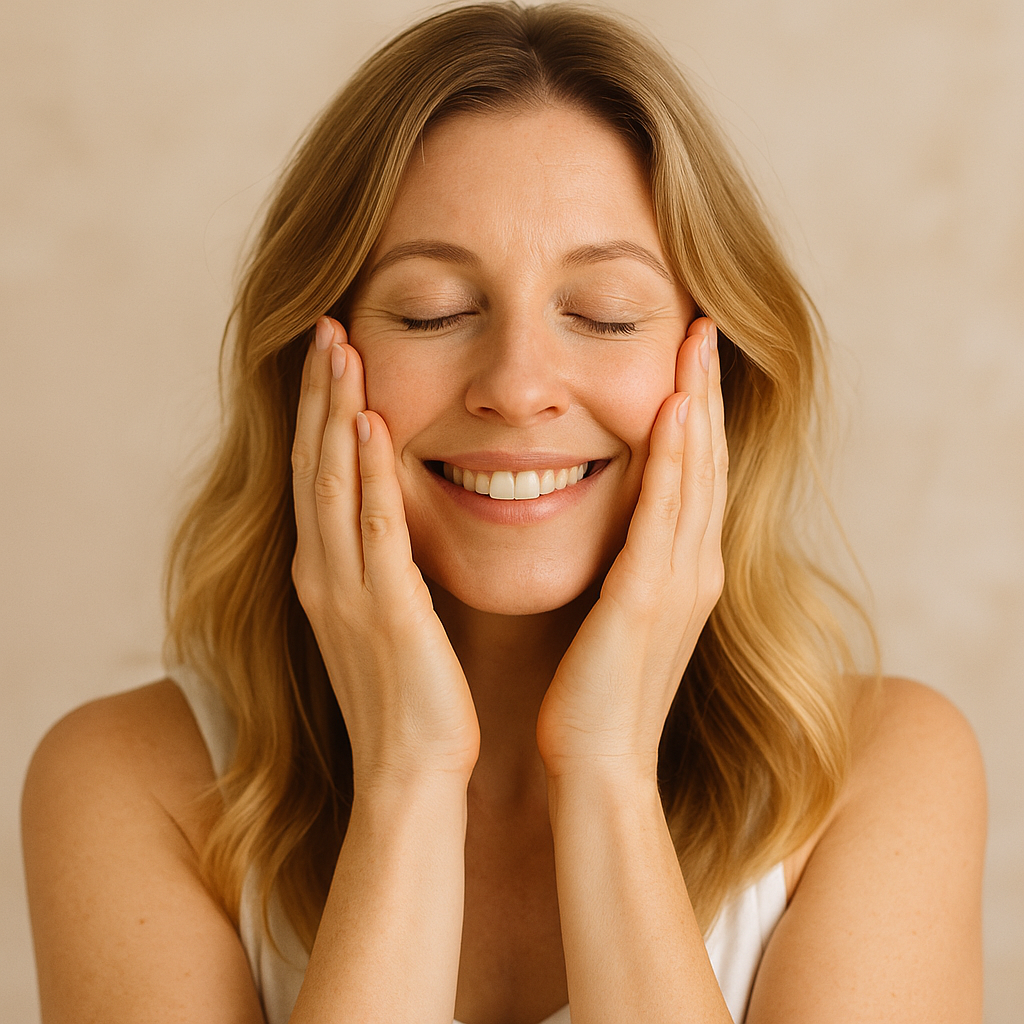 Smiling woman in her 30s with glowing skin gently touching her cheeks, symbolizing natural beauty and self-care after 30