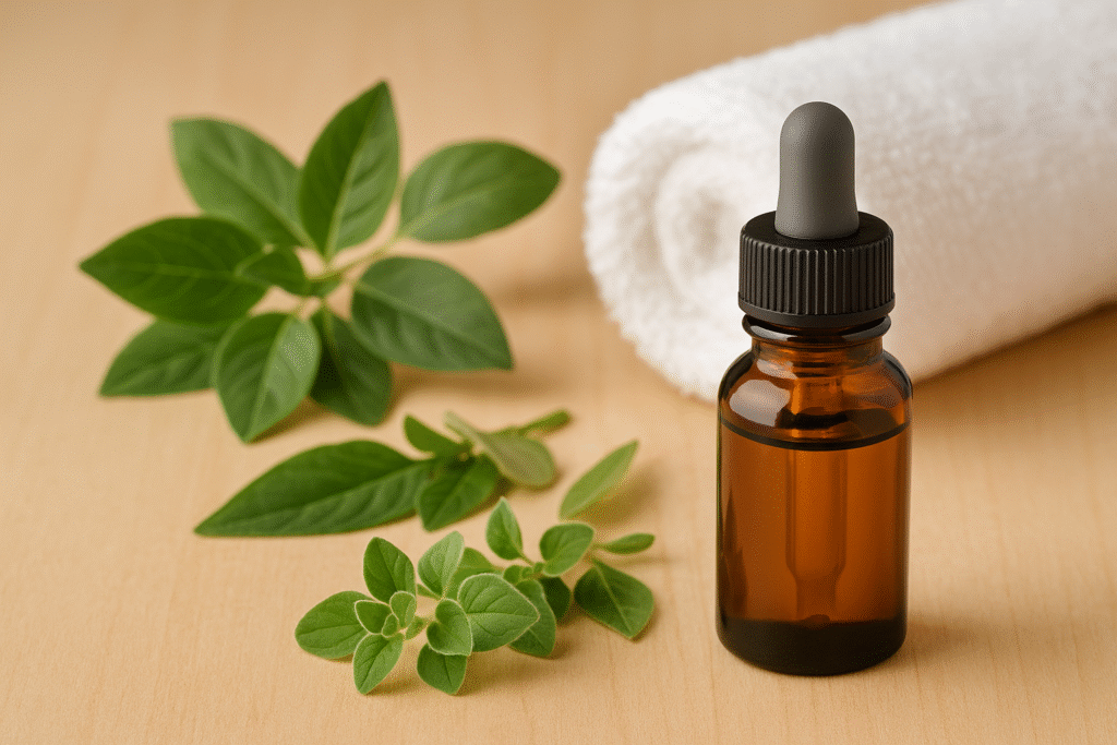 Amber dropper bottle with herbs and towel on wooden surface, symbolizing natural ear care