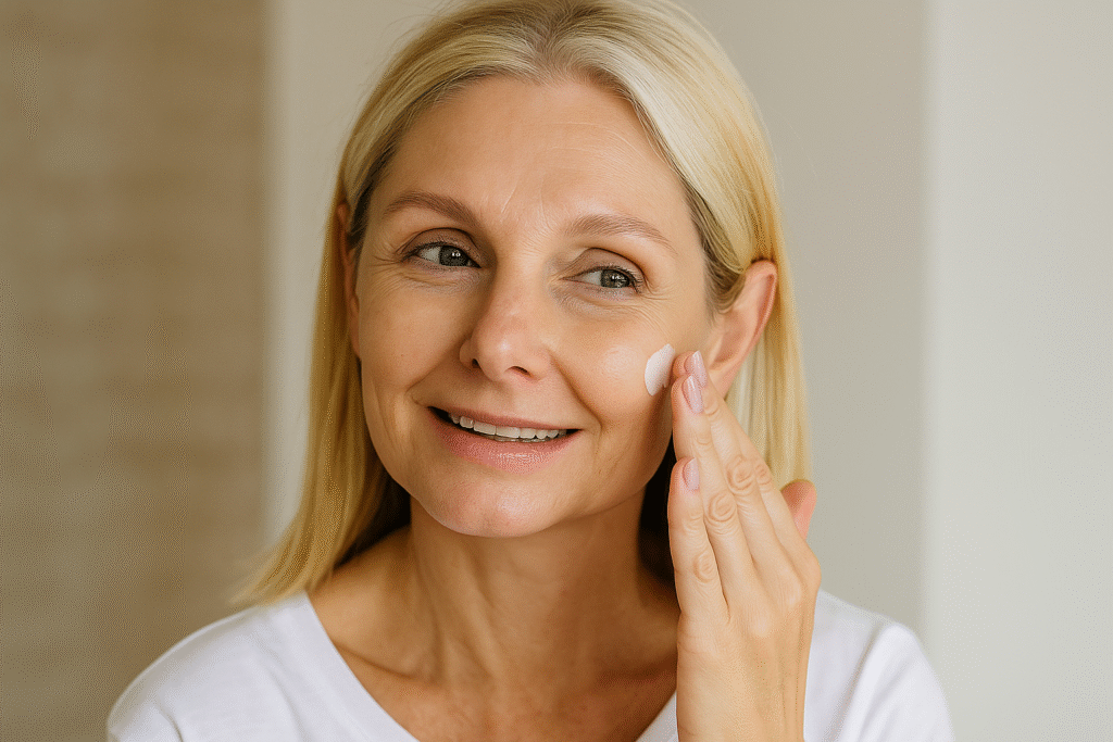 Middle-aged woman applying skincare cream to her face - simple skincare routine for women in their 40s
