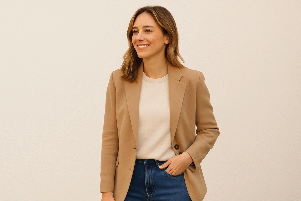 style tips women over 30 featuring a chic beige blazer with blue jeans for a timeless casual look