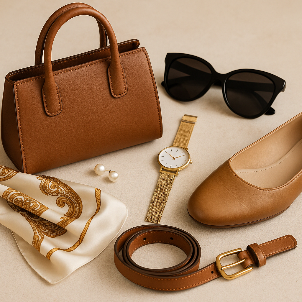 Timeless accessories for women over 35 including leather handbag, pearl earrings, silk scarf, gold watch, and classic flats