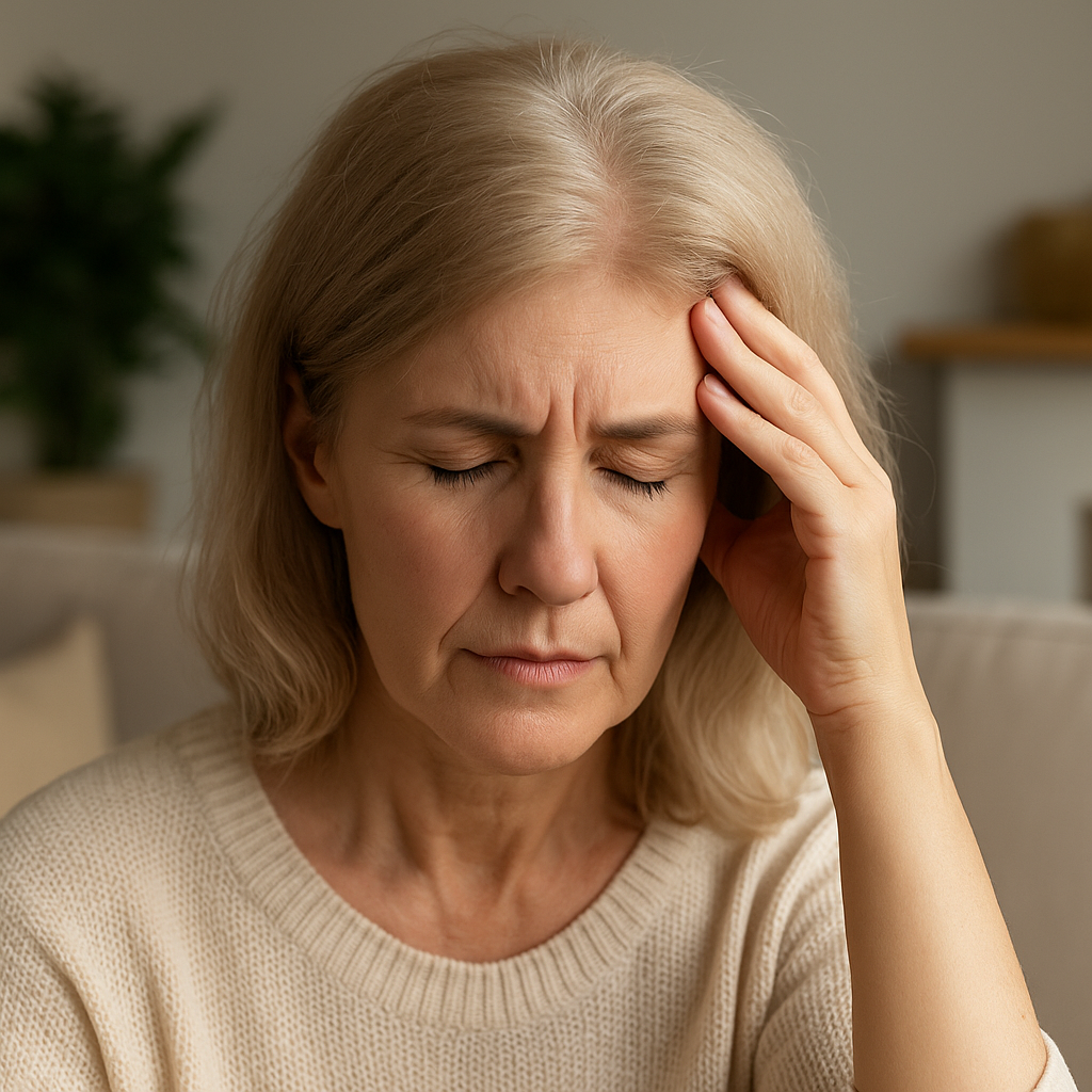 Middle-aged woman with eyes closed and hand on head, showing signs of fatigue or low circulation