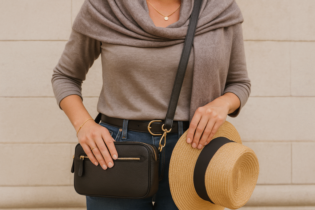 Travel outfit ideas for women over 40 featuring chic accessories including scarf, slim belt, crossbody bag, jewelry, and packable hat