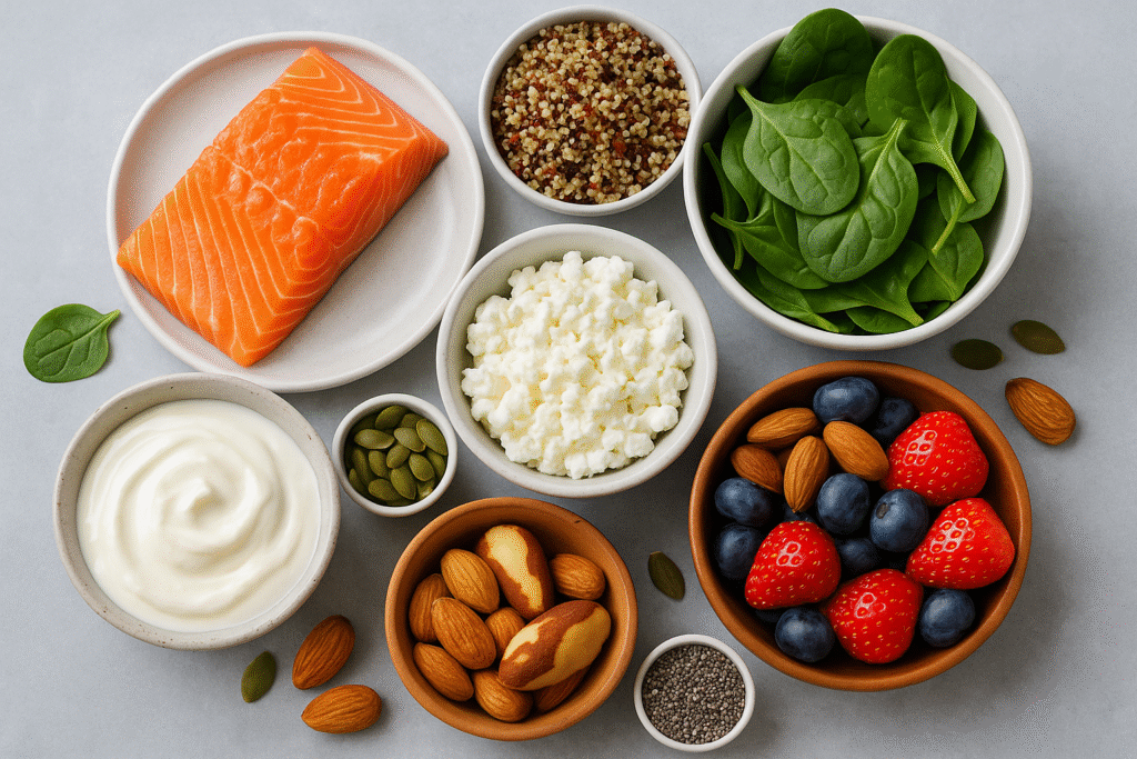 Nutritious foods for muscle loss prevention including salmon, quinoa, spinach, yogurt, cottage cheese, berries, nuts, and seeds arranged on a table