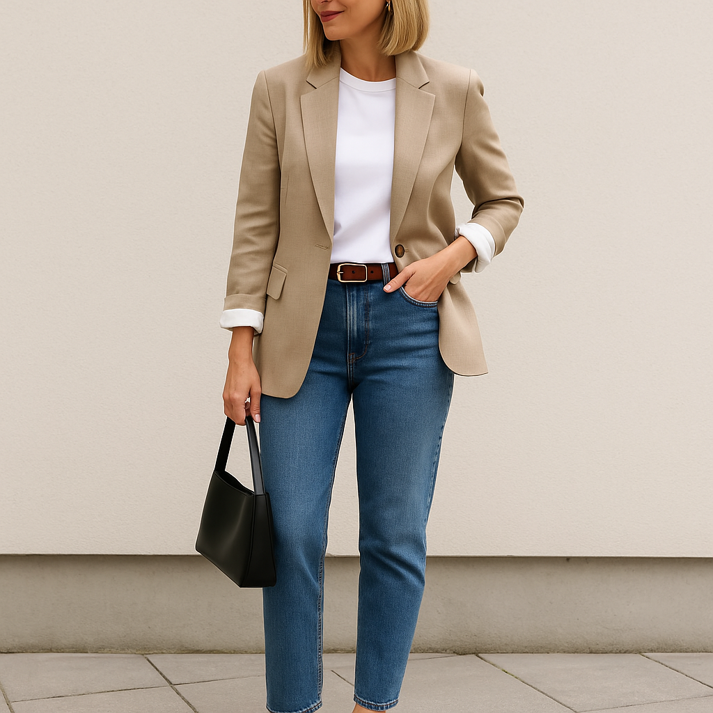 Chic casual outfit for women in their 40s with blazer and jeans