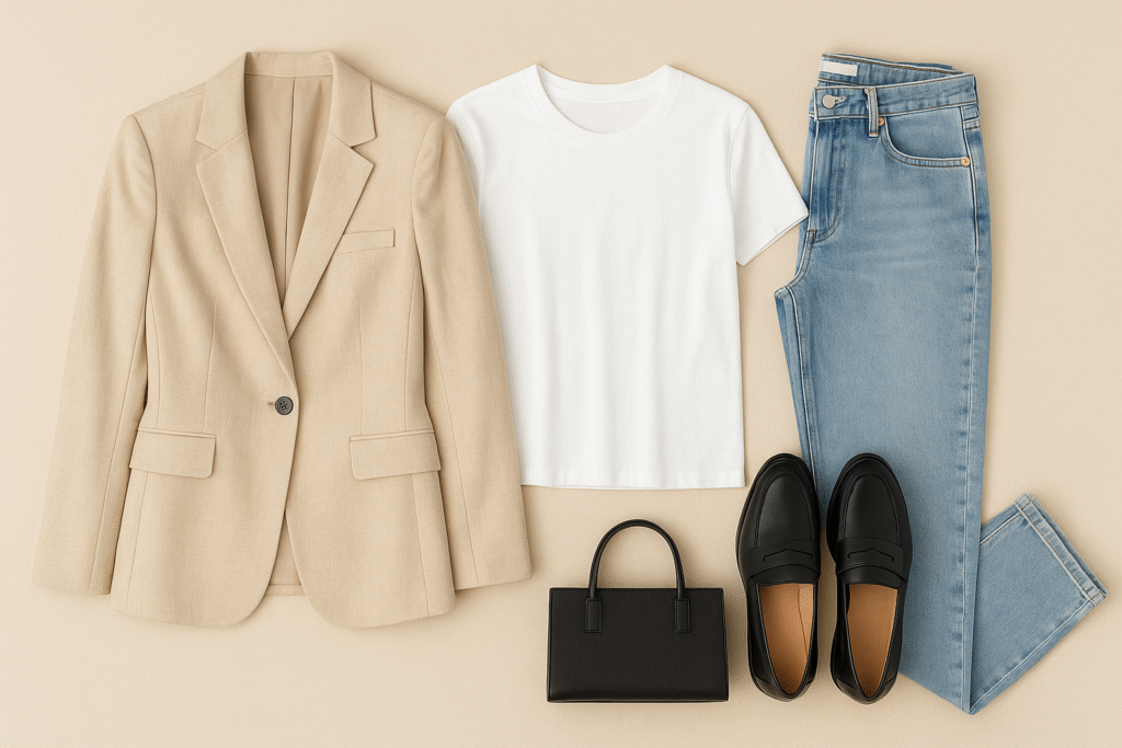 Casual outfit for women over 40 with chic wardrobe staples including blazer, jeans, loafers, and tote bag