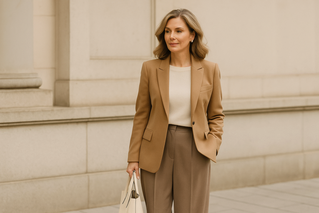 Chic work outfit ideas for women over 40 featuring camel blazer, wide-leg trousers, and structured tote