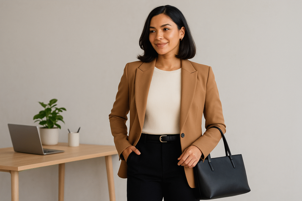 Woman in her 30s dress stylishly for work after 30 with blazer and tote bag