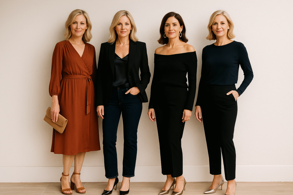 Date-night and evening outfit ideas for women over 40 showing four chic styles including a midi dress, camisole with blazer, off-shoulder knit with trousers, and a monochrome look with metallic shoes