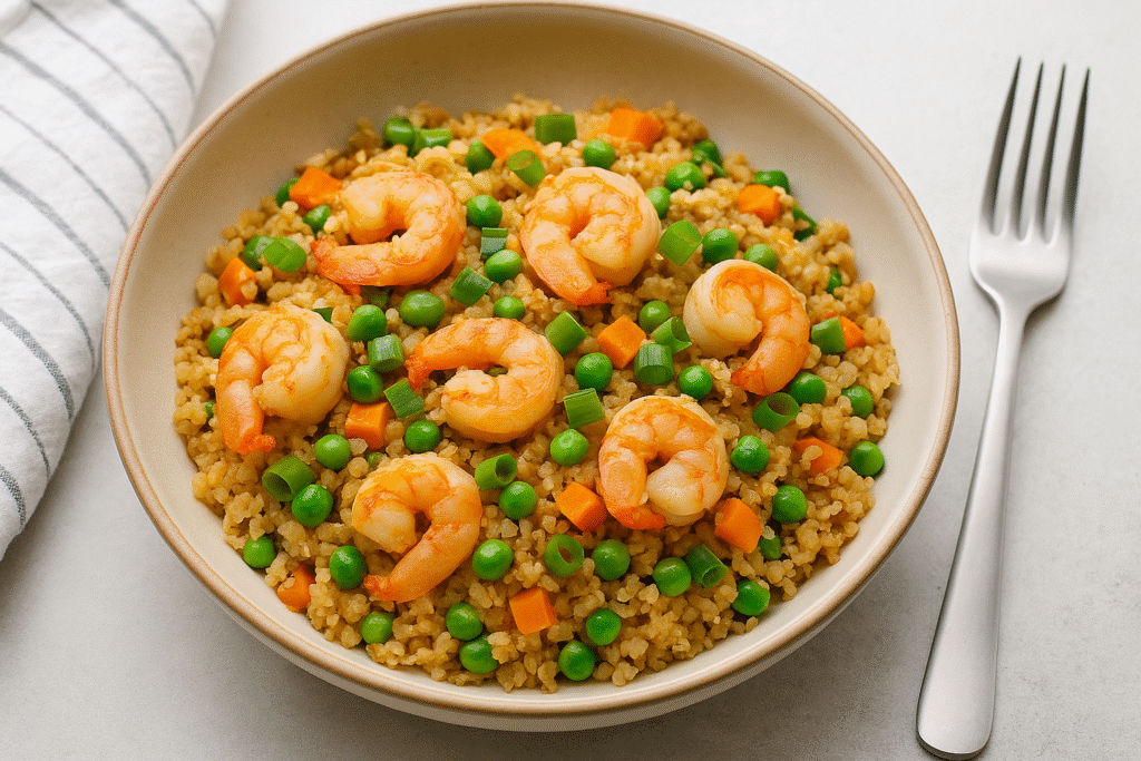 Healthy recipes dinner ideas of cauliflower fried rice with shrimp, peas, and carrots