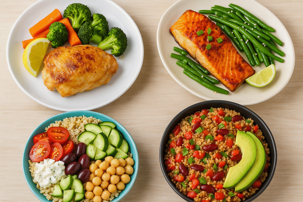 Healthy recipes dinner ideas with chicken, salmon, veggies, and quinoa served on plates