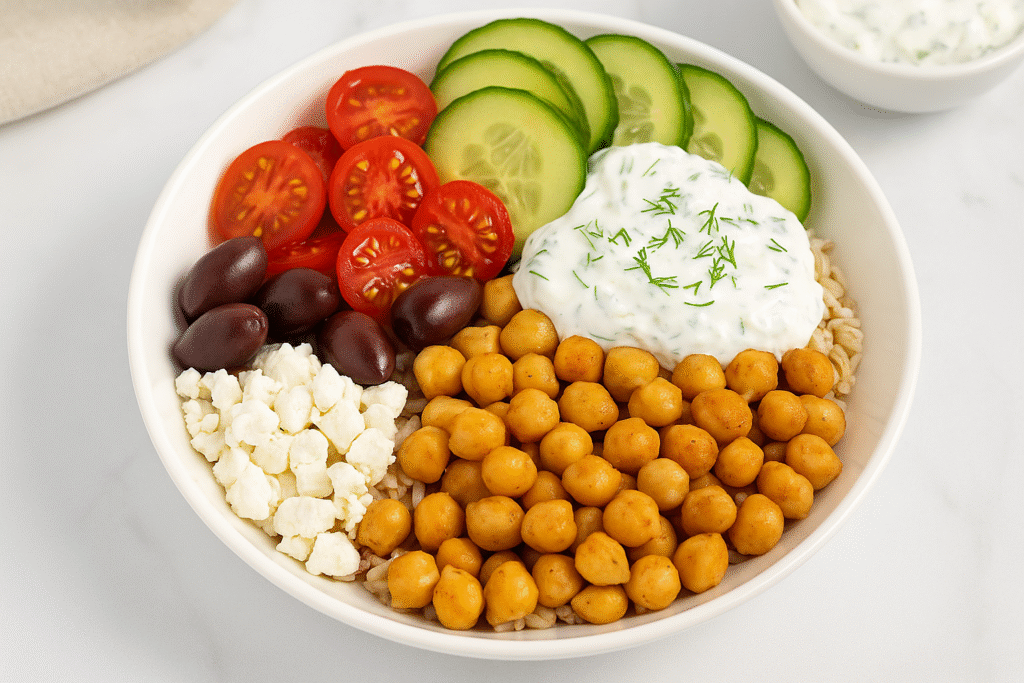 Healthy recipes dinner ideas showcasing Greek chickpea bowl with tzatziki, cucumber, tomato, and olives
