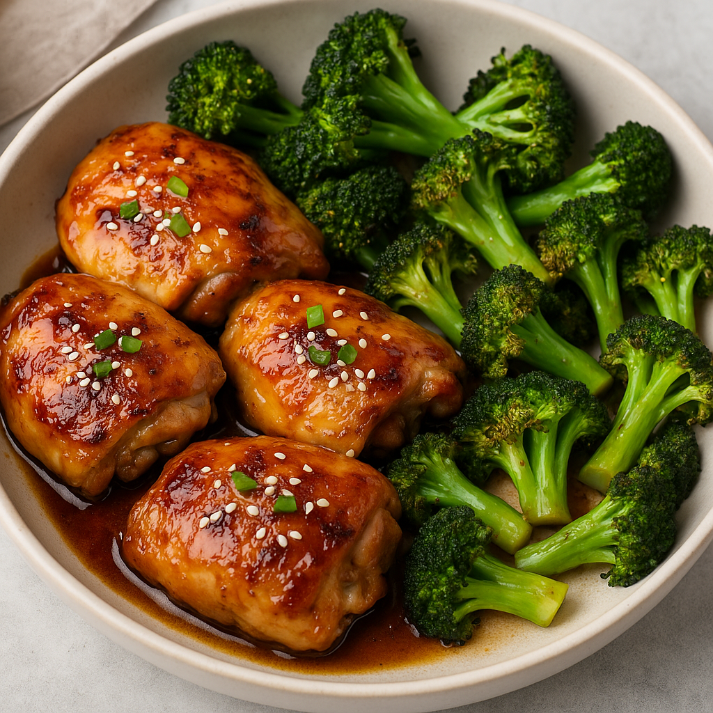 Healthy recipes dinner ideas featuring honey garlic glazed chicken thighs with roasted broccoli