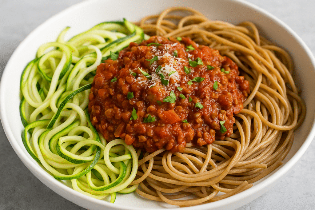 Healthy recipes dinner ideas with lentil bolognese served over zucchini noodles and whole-wheat pasta