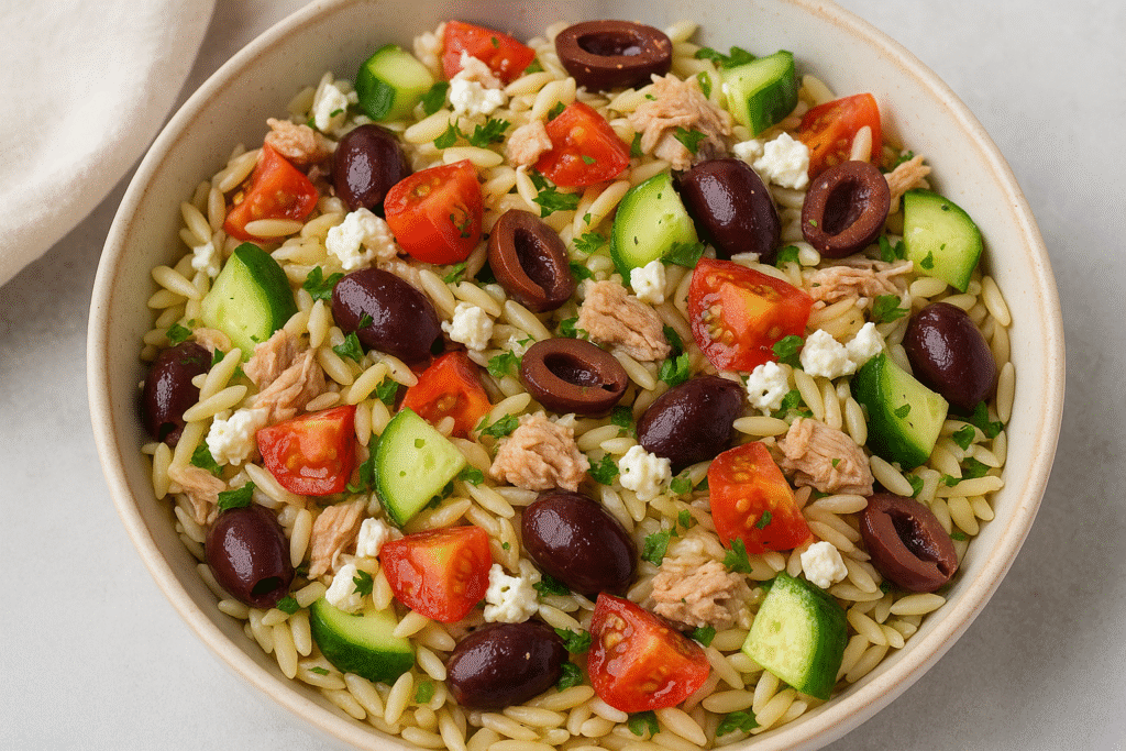 Healthy recipes dinner ideas with Mediterranean tuna and olive orzo salad topped with feta