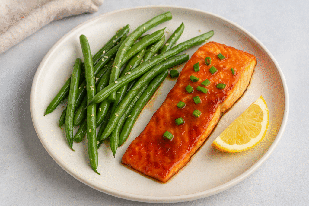 Healthy recipes dinner ideas showing miso-ginger salmon with sesame green beans and lemon