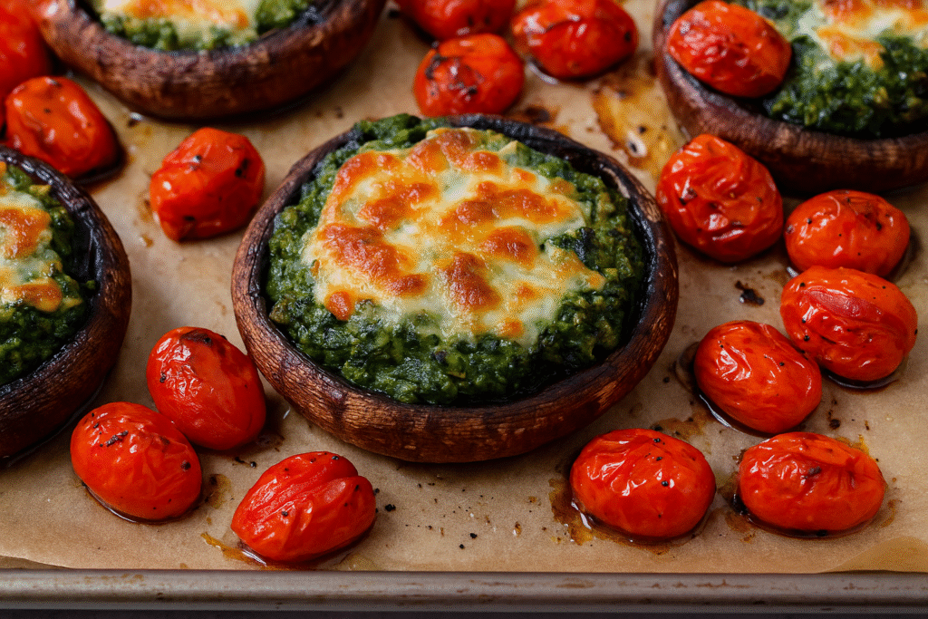 Healthy recipes dinner ideas with pesto spinach stuffed portobello mushrooms and roasted tomatoes