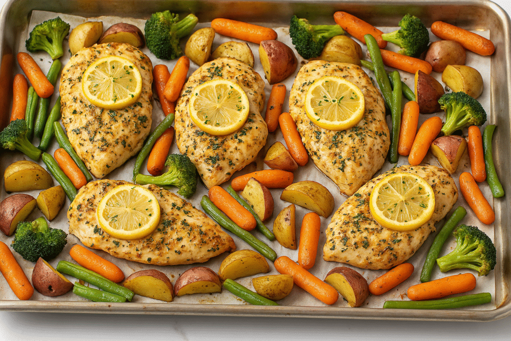 Healthy recipes dinner ideas with sheet-pan lemon herb chicken and roasted vegetables