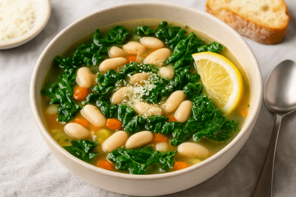 Healthy recipes dinner ideas showing white bean and kale soup with lemon and rustic bread