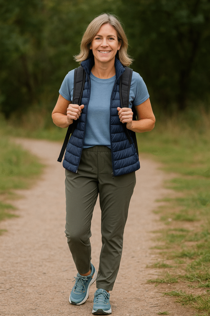 Travel outfit ideas for women over 40 featuring tapered hiking pants, performance tee, packable vest, and trail sneakers