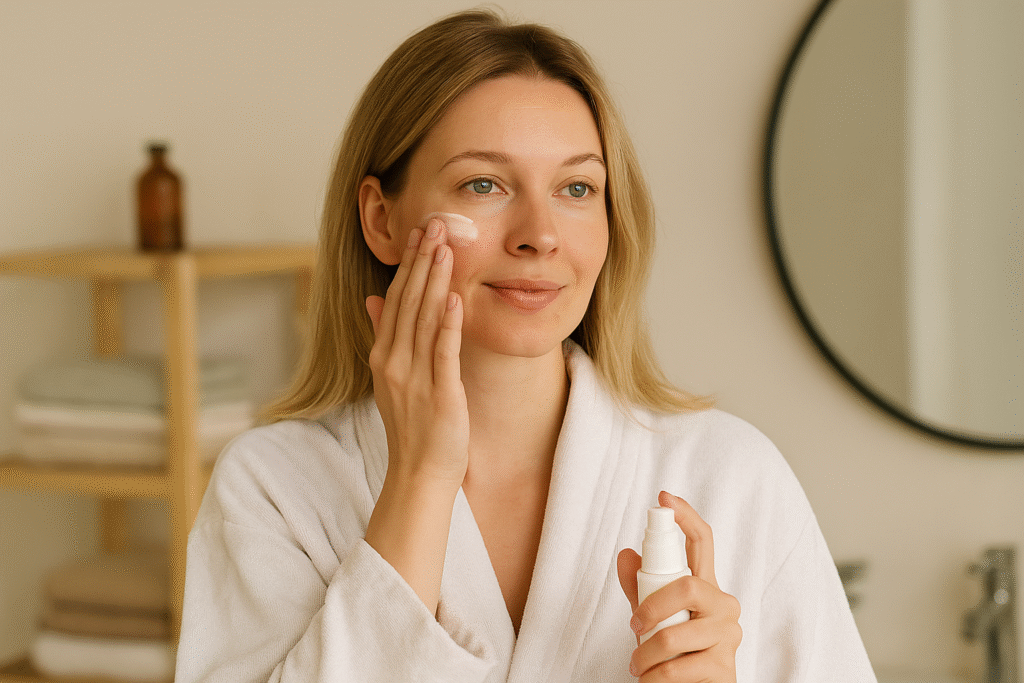 Woman applying skincare as part of a minimalist beauty routine in your 30s