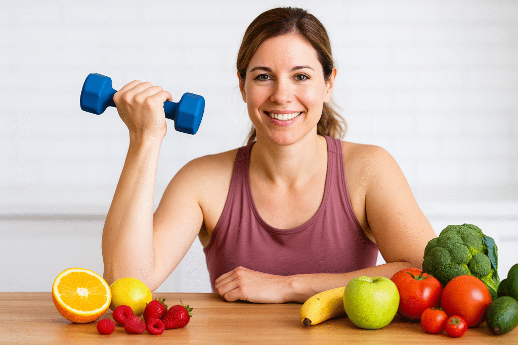 A healthy woman in her late 30s smiling while lifting a dumbbell in a bright kitchen, surrounded by fresh fruits and vegetables, symbolizing natural ways to prevent muscle loss in women.