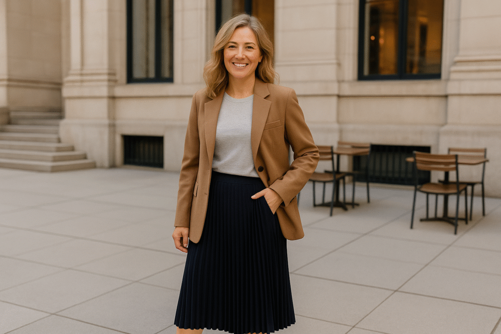 Travel outfit ideas for women over 40 with pleated midi skirt, casual tee, blazer, and sneakers for a museum and café day