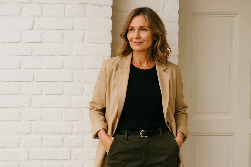 Classic outfit ideas for women over 40 with beige blazer and tailored pants