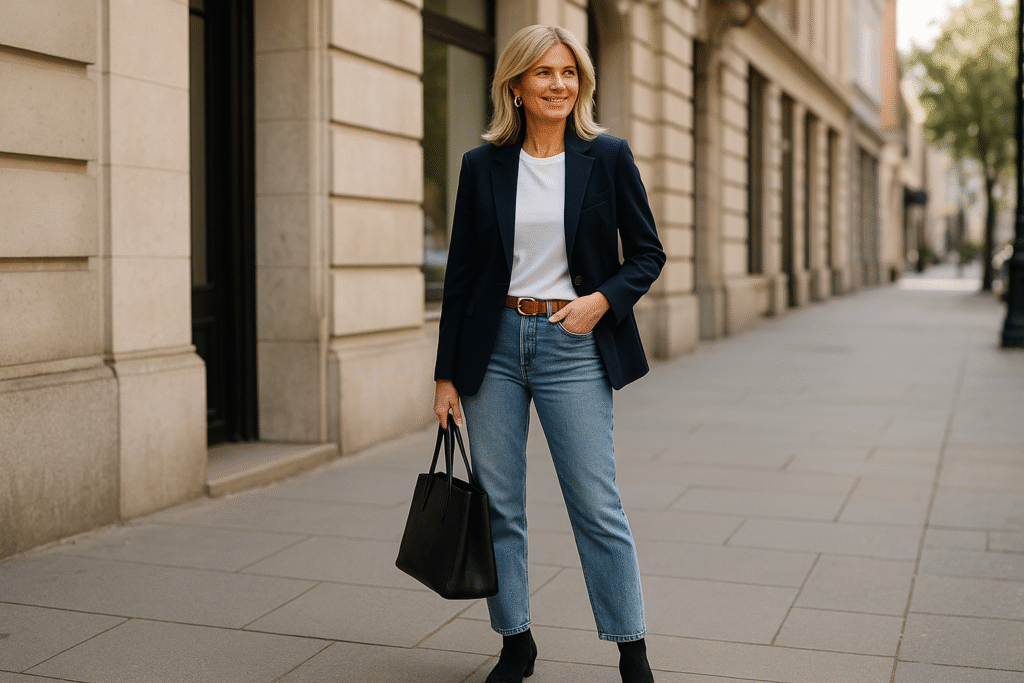 Stylish outfit ideas for women over 40 wearing blazer and jeans on the street