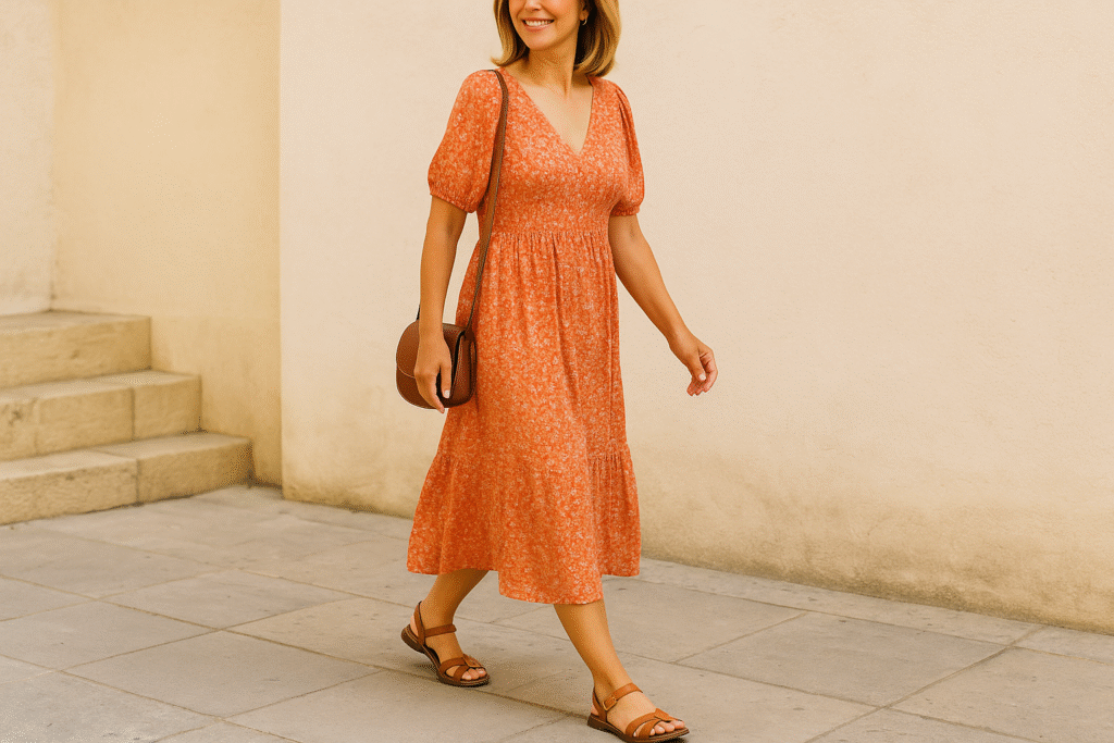Woman over 40 in coral floral midi dress with sandals and crossbody bag – summer outfit ideas for women over 40
________________________________________
