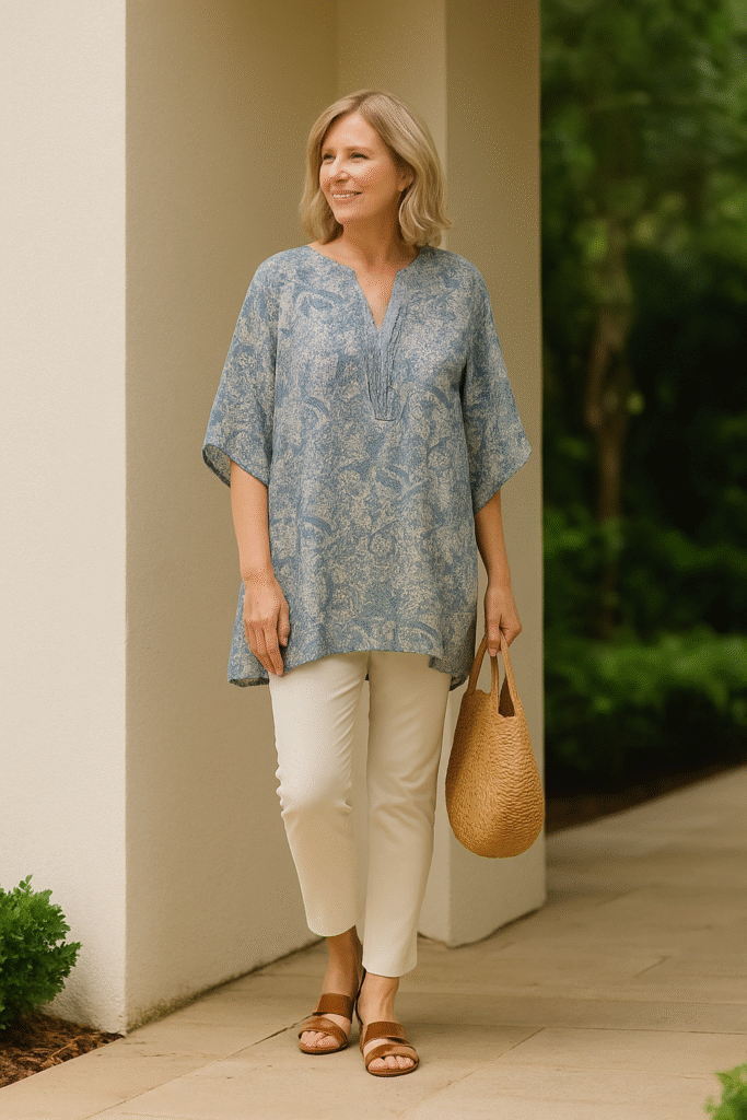 Woman over 40 wearing blue patterned kaftan with slim white pants – summer outfit ideas for women over 40