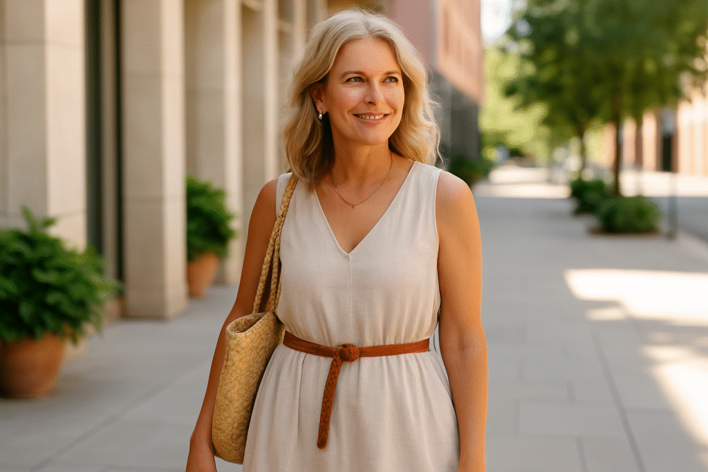 Elegant woman over 40 wearing a beige linen dress with woven belt on a sunny day – summer outfit ideas for women over 40