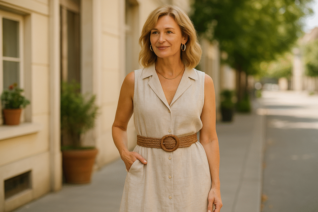 Middle-aged woman in beige linen dress with woven belt – summer outfit ideas for women over 40