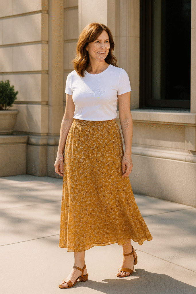 Woman over 40 wearing white t-shirt tucked into mustard floral maxi skirt – summer outfit ideas for women over 40