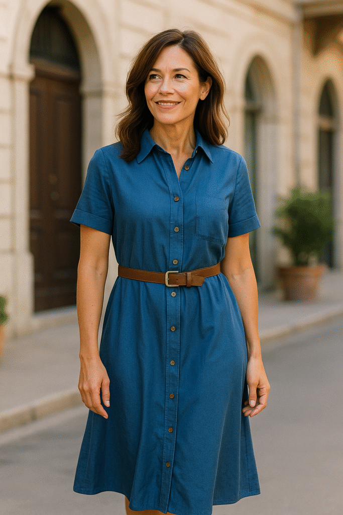 Stylish woman over 40 in blue shirtdress cinched with brown belt – summer outfit ideas for women over 40