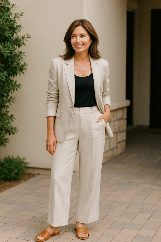 Elegant woman over 40 in beige wide-leg pants, black tank top, and light blazer – summer outfit ideas for women over 40
