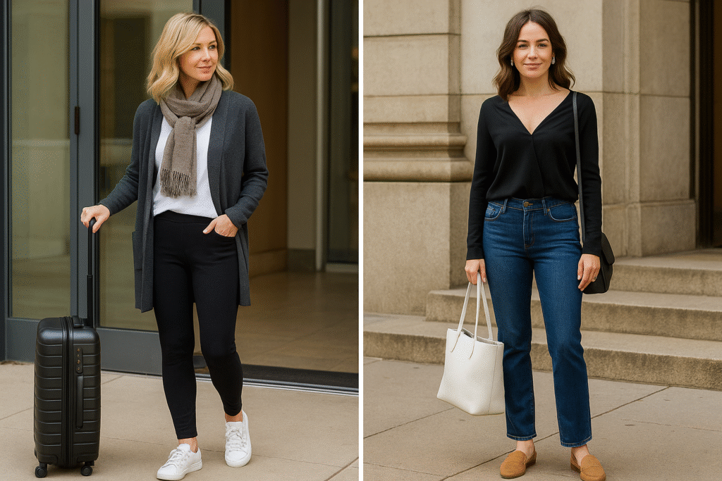 Travel outfit ideas for women over 40 showing two chic looks: one with leggings, cardigan, scarf, and sneakers for plane day, and one with straight-leg jeans, blouse, and loafers for sightseeing