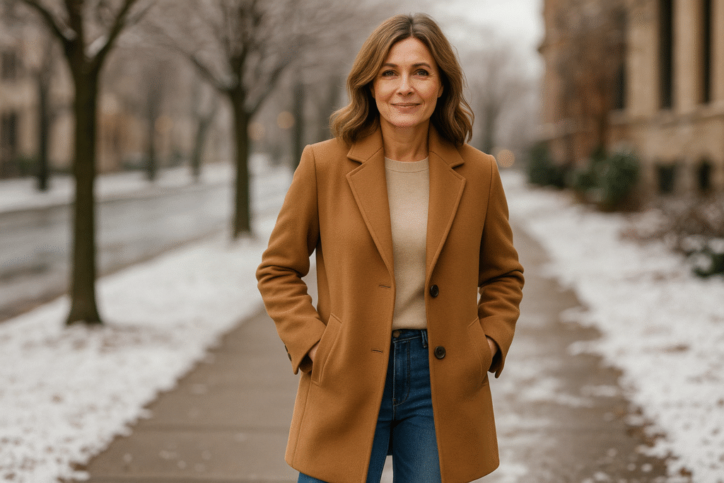 Winter outfit ideas for women over 40 wearing camel wool coat, beige sweater, and straight-leg jeans while walking on a snowy sidewalk