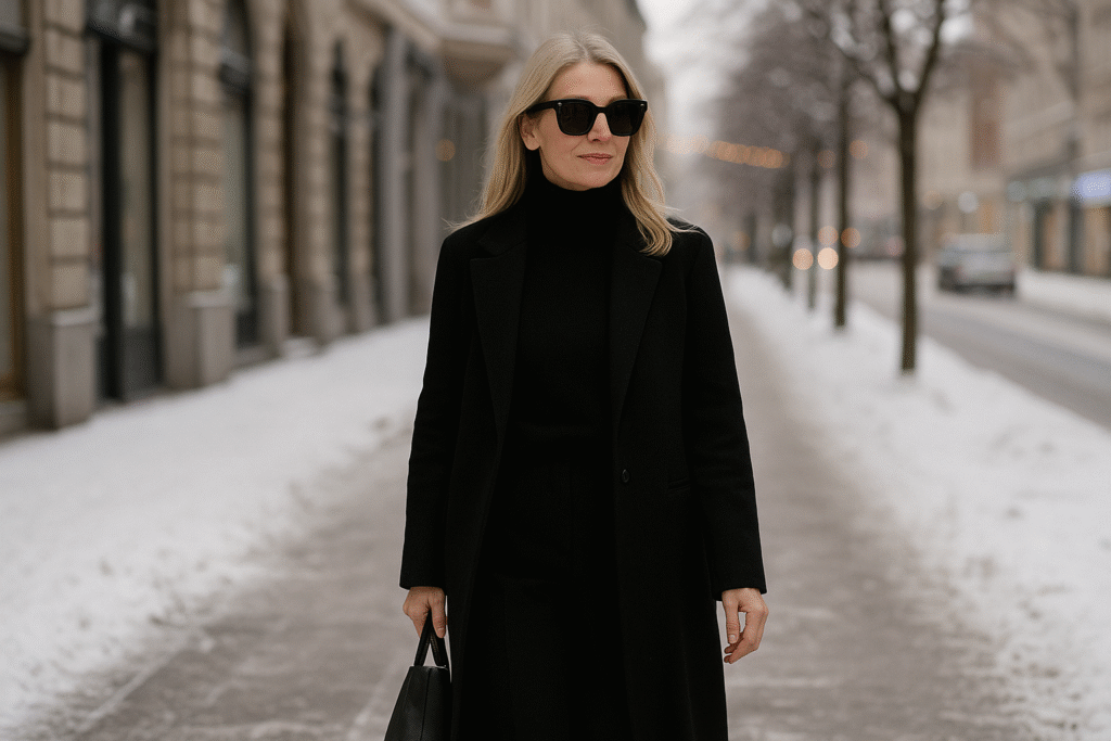 Winter outfit ideas for women over 40 featuring all-black monochrome layers with wool coat, turtleneck, and tailored pants on a snowy city street