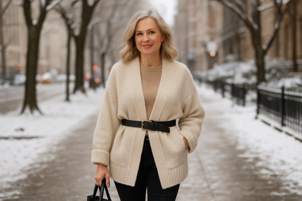 Winter outfit ideas for women over 40 featuring oversized cream cardigan with black belt, paired with slim pants on a snowy city sidewalk