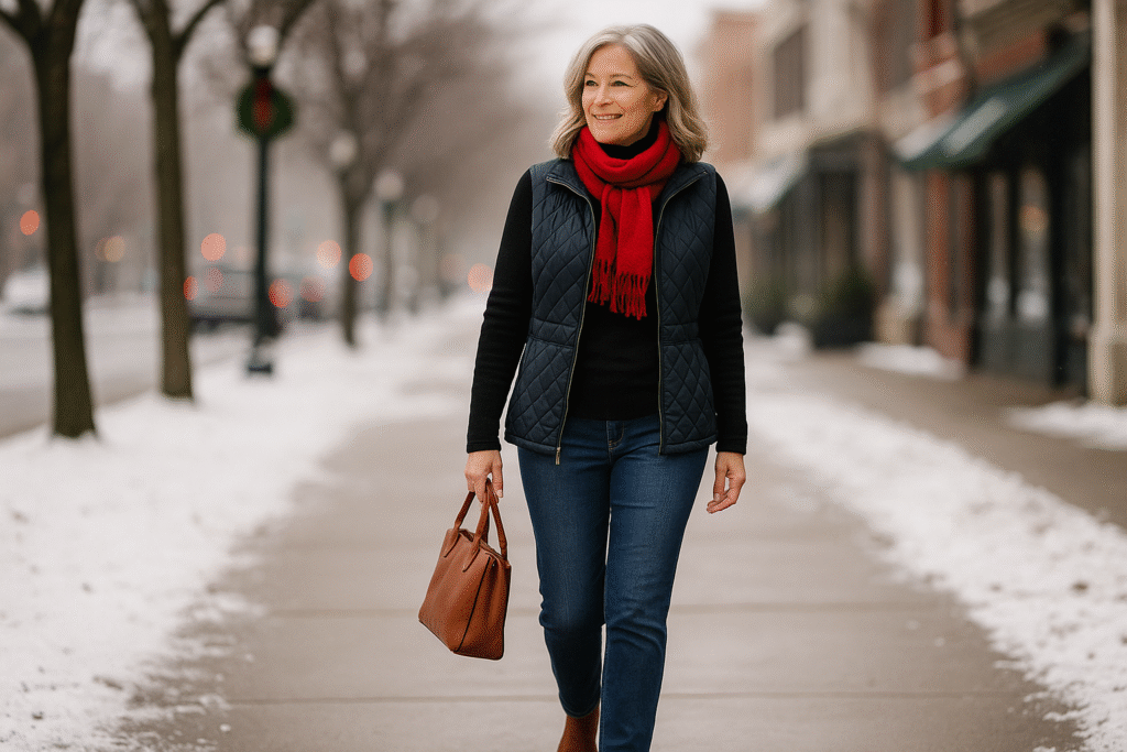 Winter outfit ideas for women over 40 featuring navy quilted vest, black turtleneck, red scarf, blue jeans, and ankle boots on a snowy city street