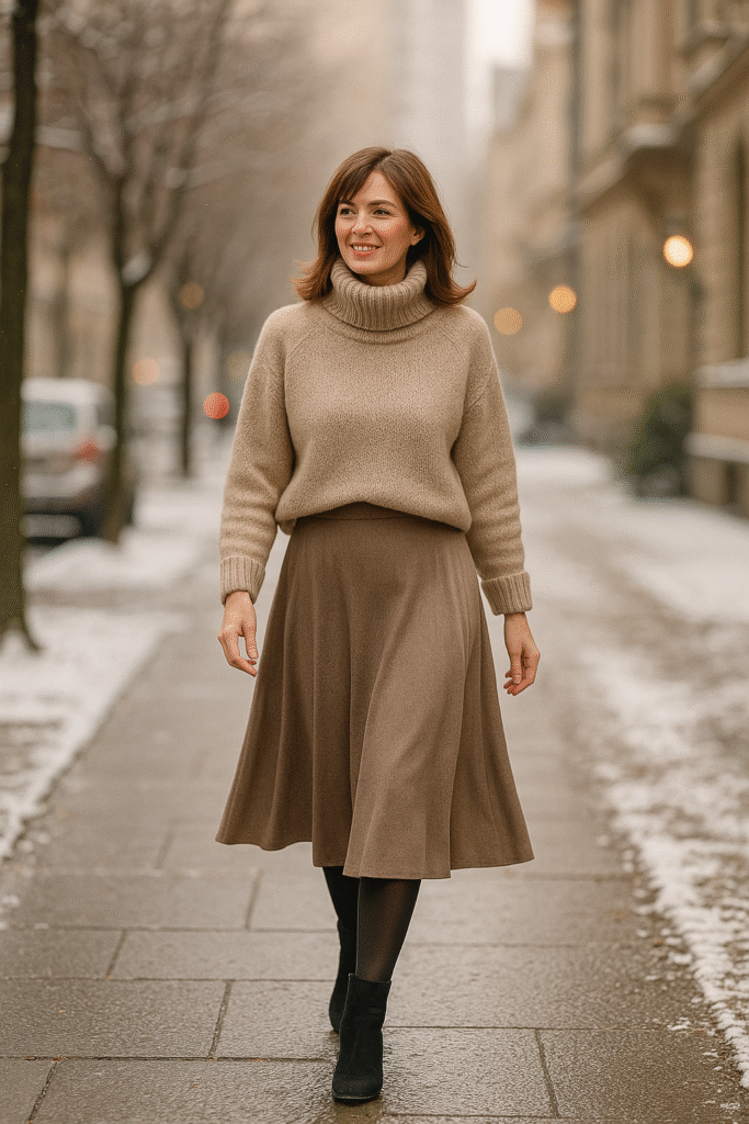 Winter outfit ideas for women over 40 wearing cozy beige turtleneck sweater paired with flowing midi skirt, tights, and ankle boots on snowy street
