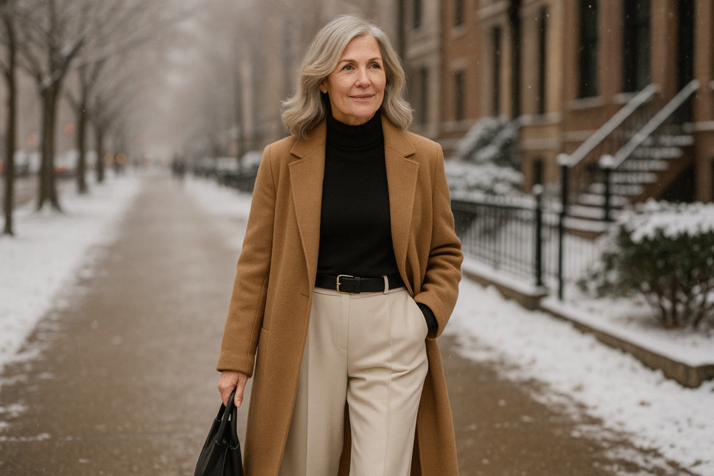 Winter outfit ideas for women over 40 featuring black turtleneck with cream wide-leg trousers and camel long coat, stylish look on snowy city street